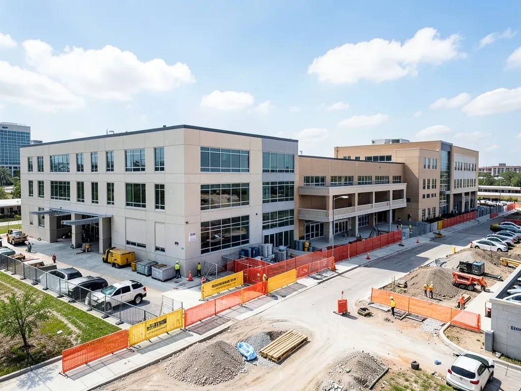 Field-level view of a healthcare addition connecting to an operating Greater Houston facility with separated construction access
