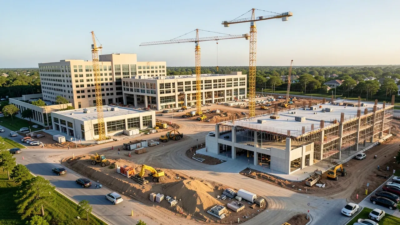 Greater Houston healthcare construction campus with active hospital buildings and new work underway